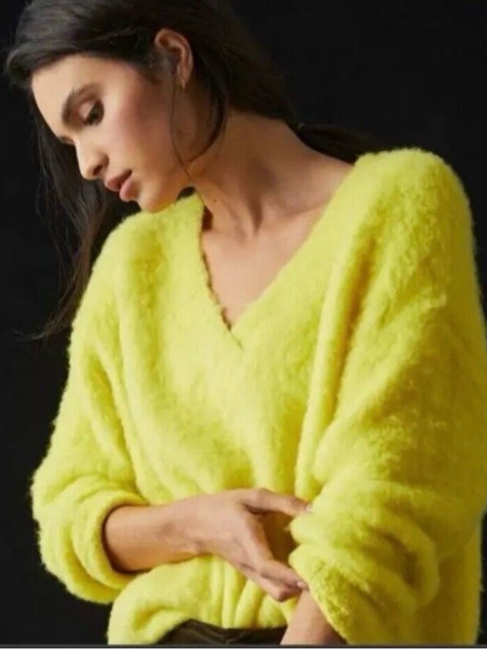 NWOT Anthropology Plush V-Neck Sweater in Bright Yellow - Picture 3 of 5